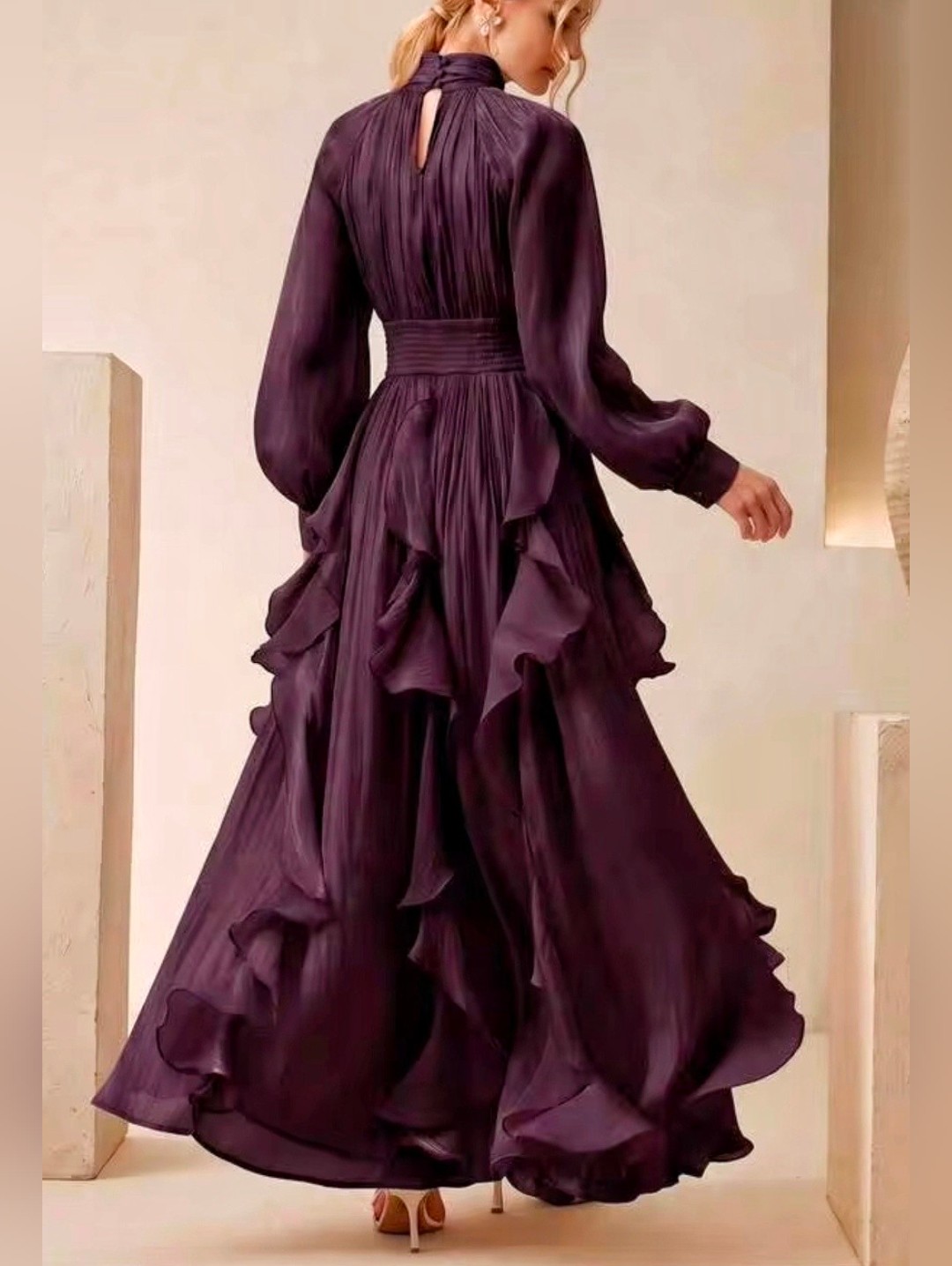 New Luxe Metallic Crinkle Halter Ruffle Maxi Dress Long Sleeve Purple Plum